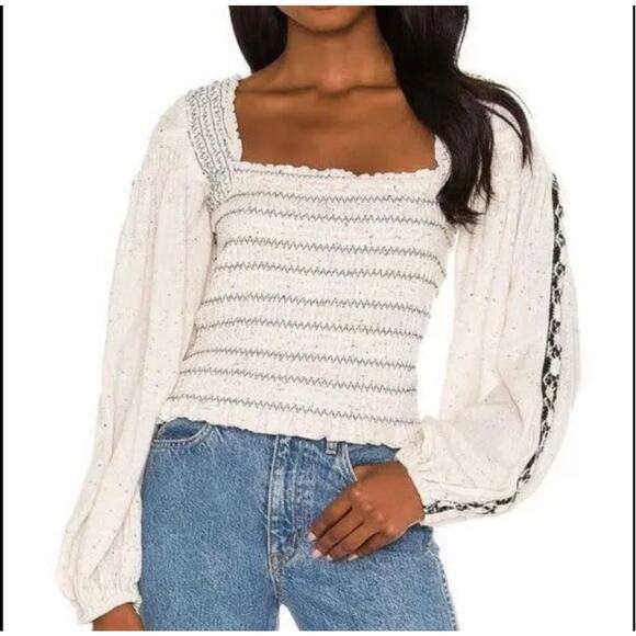 Free People Maggie Medium Embroidered Top Square Neck Smocked Puff Sleeves Ivory - Picture 1 of 12